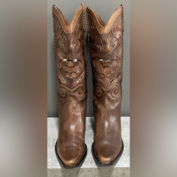 Matisse Brown Leather Floral Cut Out Embroidered Western Cowboy Boots Size 10 - Picture 5 of 15